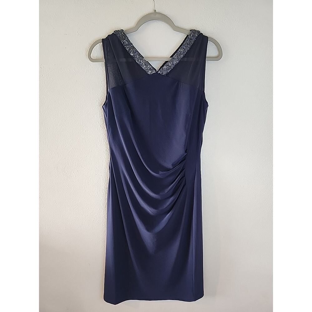 Lauren Ralph Lauren Kelly Blue Beaded Ruched Evening Dress Women 12 Cocktail